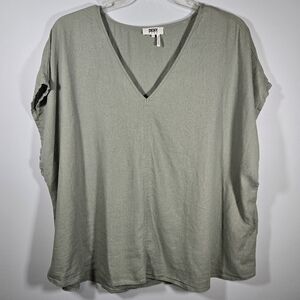 DKNY Pure V-Neck Sage Green Linen Blend Top‎ Short Sleeves Womens Size 3X